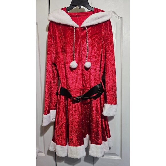 Sassy Santa Plus Costume Mrs Claus Hooded Dress Faux Fur Boot Toppers Christmas - Picture 3 of 6